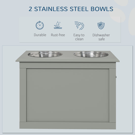 Raised Pet Feeding Storage Station With 2 Stainless Steel Bowls Base For Large Dogs And Other Large Pets, Gray