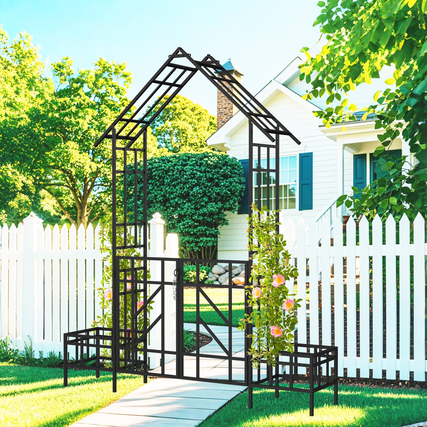 Metal Garden Arch With Gate With Planter W80.71xH97.24 Climbing Plants Support Rose Arch Outdoor Black