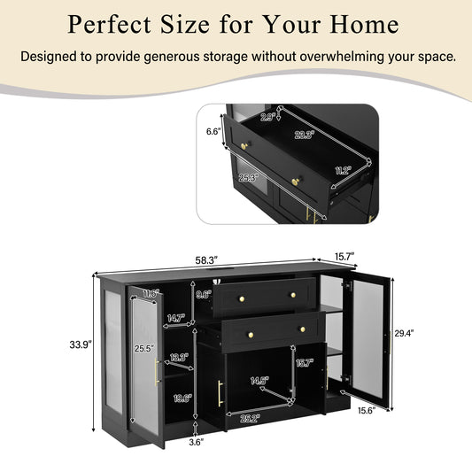 U- Style 58.3  Modern Buffet Sideboard With 4 Doors & 2 Drawers  Adjustable Shelves  Power Outlet  Acrylic Panels  Aluminum Alloy Handles  Storage Cabinet For Dining Room  Living Room And Kitchen