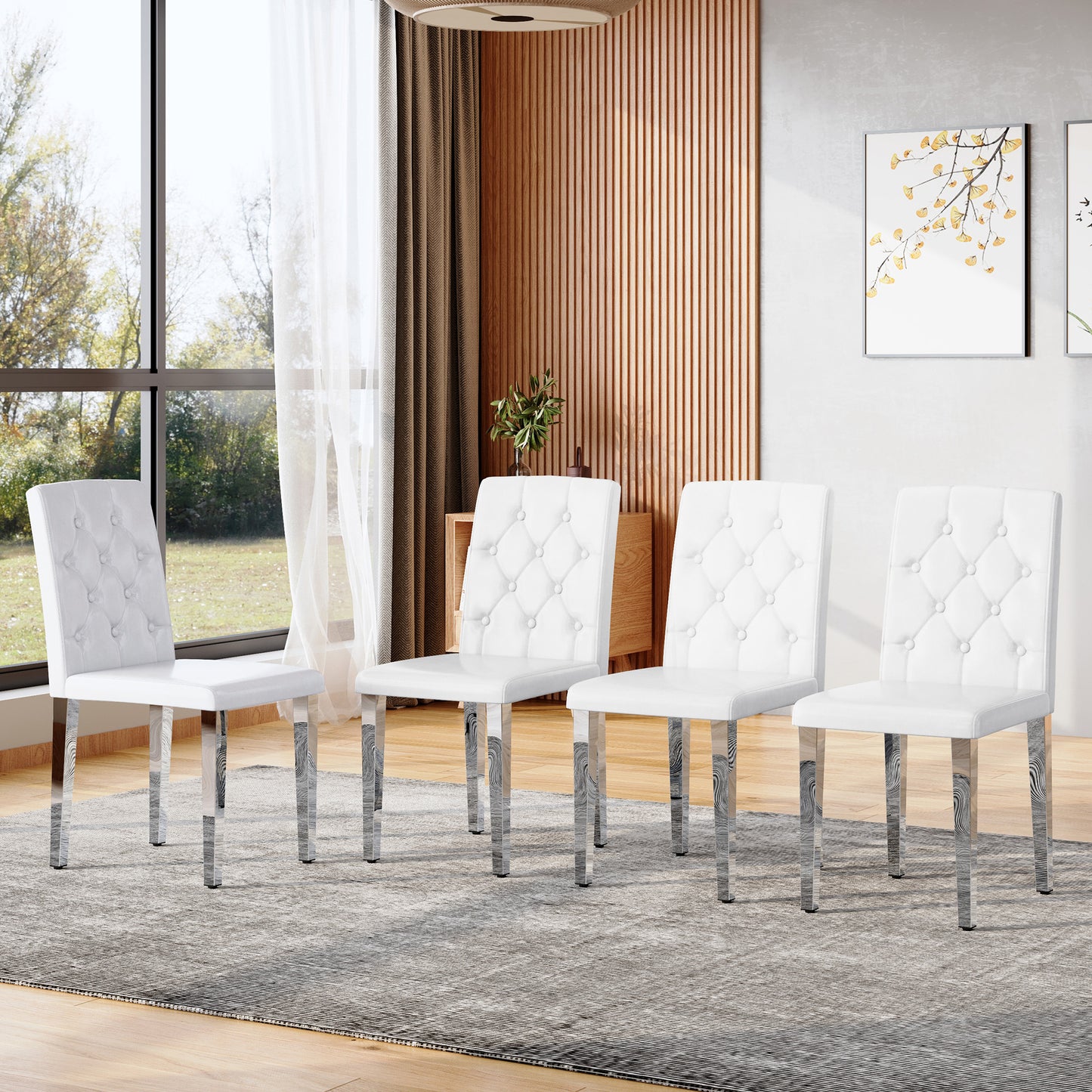 4-pack White PU Dining Chairs Ergonomic Buckle Backrest, 35 Inches High, Silver Metal Legs,Combines Comfort And Texture.Perfectly Suitable For Family Dining Rooms,hotel Banquet Halls,etc.W1151P295715