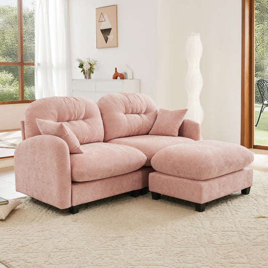Cloud Sectional L-Shaped Couch With Ottoman,Soft Chenille Fabric,Quilted Pleated Design High-Density Foam,Fits Bedrooms Living Rooms Reading Nooks,Pink