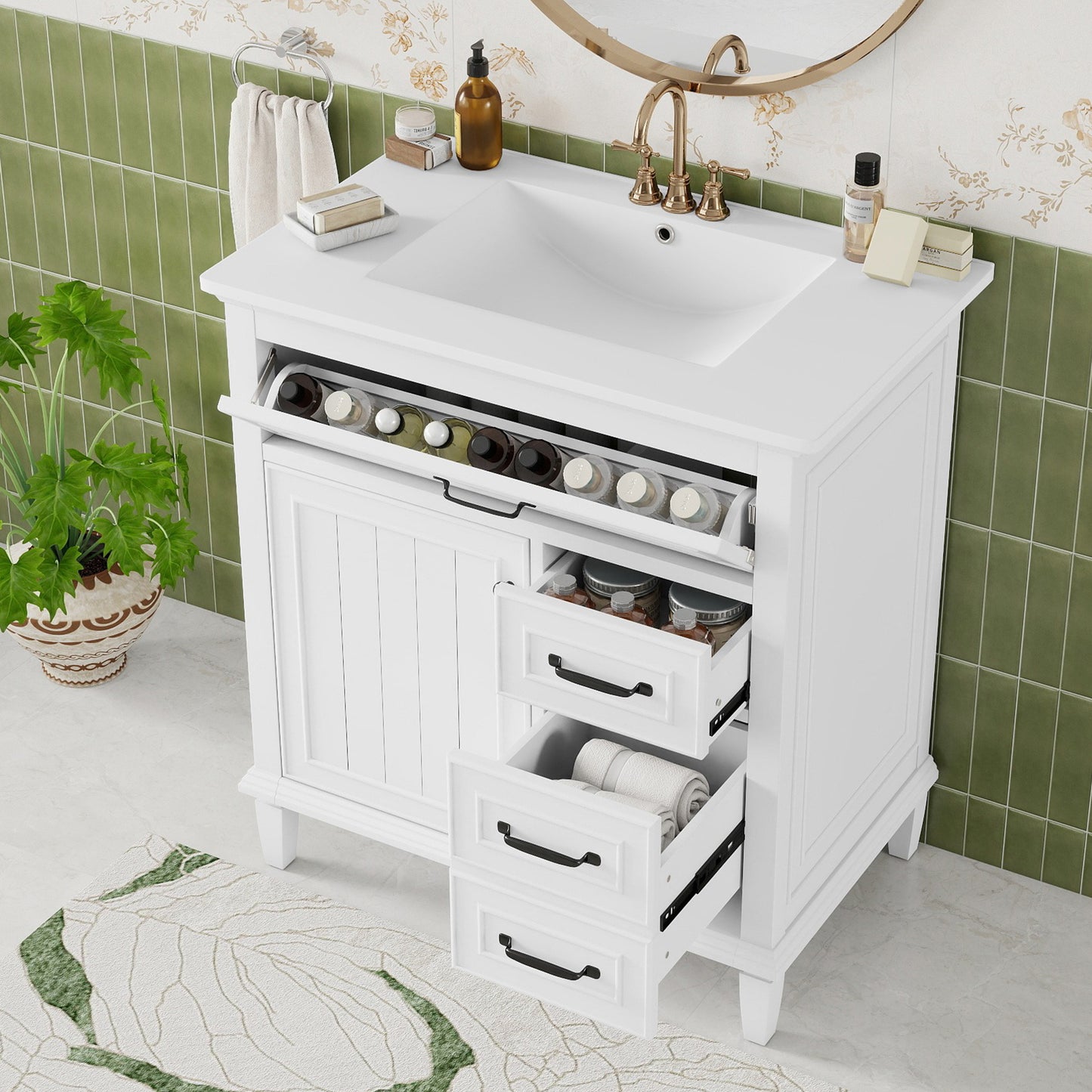 30 Inch Bathroom Vanity With Ceramic Sink Top, Solid Wood Frame, MDF & Pine Cabinet, Flip Drawers, Adjustable Shelf, And Zinc Alloy Handles, Freestanding Storage Cabinet  Faucet Not Included