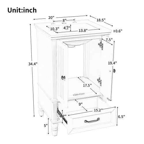 20 Bathroom Vanity With Sink, Bathroom Cabinet With Two Doors, Magnetic Door Stopper And  Adiustable Foot Pads, A Drawer, White