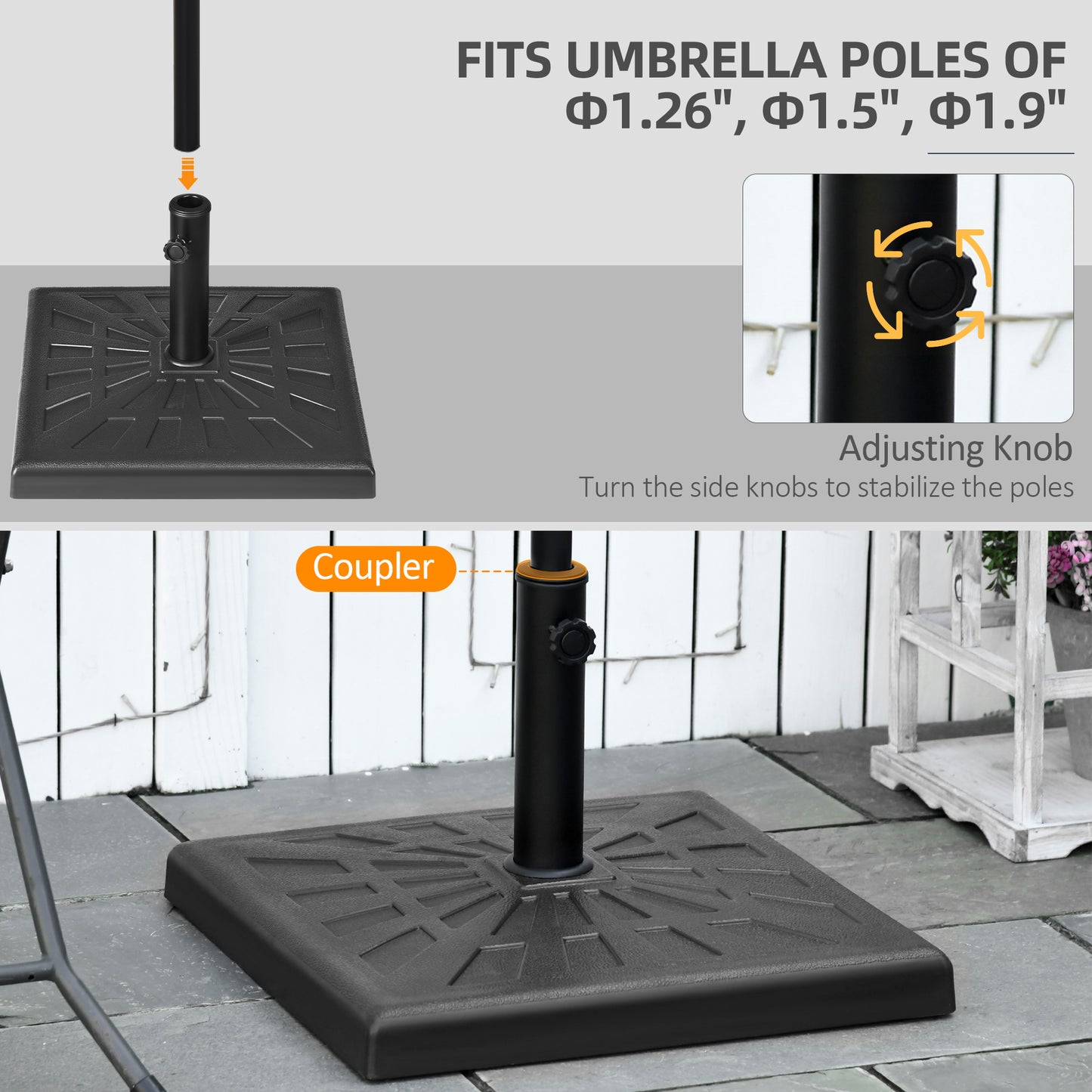 42lbs Resin Patio Umbrella Base, 20" Square Outdoor Umbrella Stand Holder For Parasol Poles 1.26", 1.5", And 1.9" Dia, Black