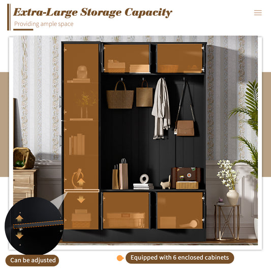 VIBE HAUS 79  Tall Modern Hall Tree With Shoe Storage, 4-in-1 Entryway Bench With 6 Cabinets, 4 Coat Hooks & Adjustable Shelf For Hallway, Living Room, Black