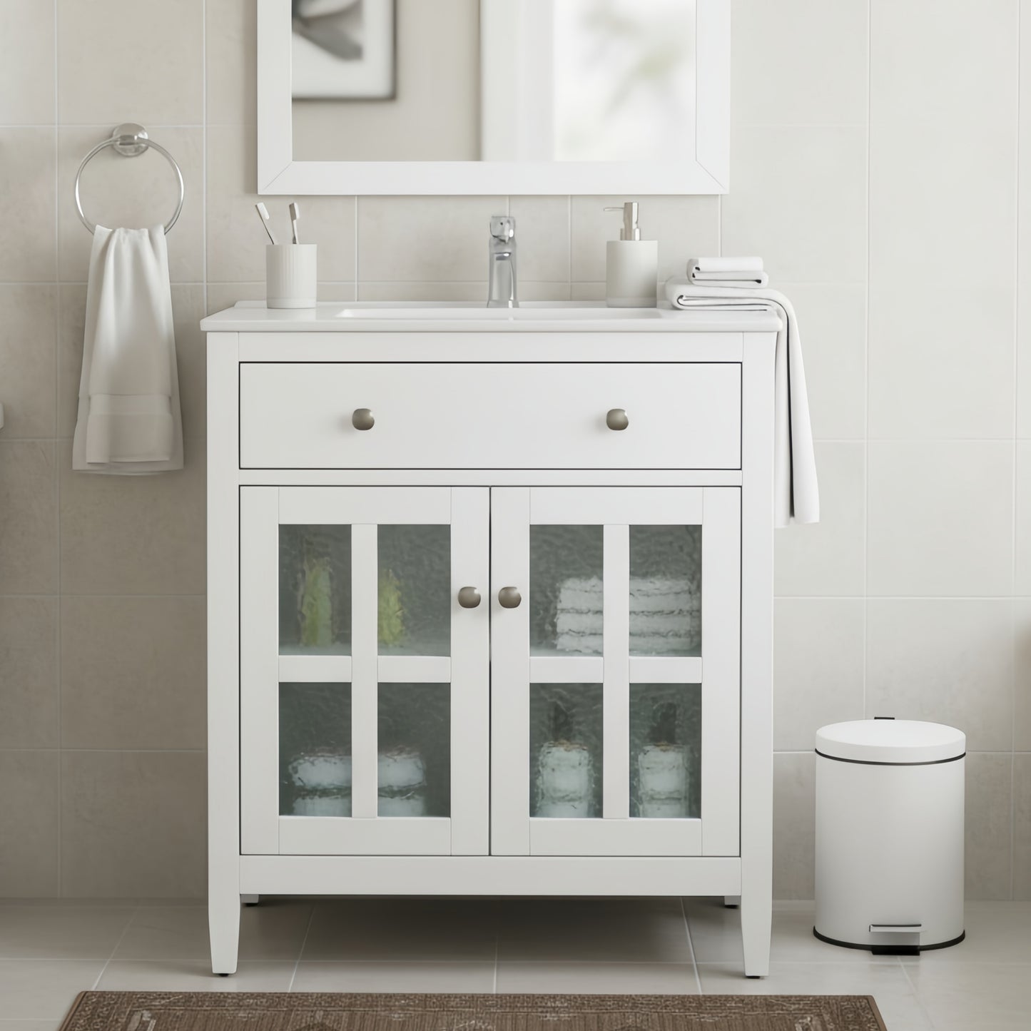 30  Bathroom Vanity With Ceramic Sink, Equipped With Adjustable Shelf And Tip-Out Tray, Bathroom Vanity With Solid Wood Legs, Silver Metal Knobs And Soft Close Hinges, White