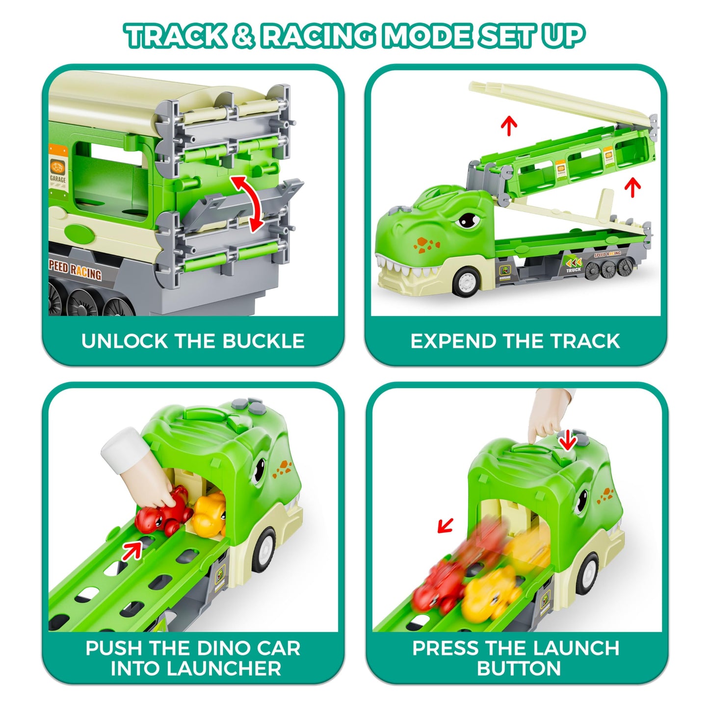 Dinosaur-shaped Children's Storage Catapult Track Toy, Randomly Equipped With Dinosaur Car Road Sign And Roadblock Set.