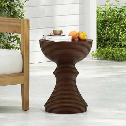 16  Ribbed Brown Concrete Outdoor Side Table With Hourglass Design -Weather-Resistant Accent For Patio, Garden, Or Balcony