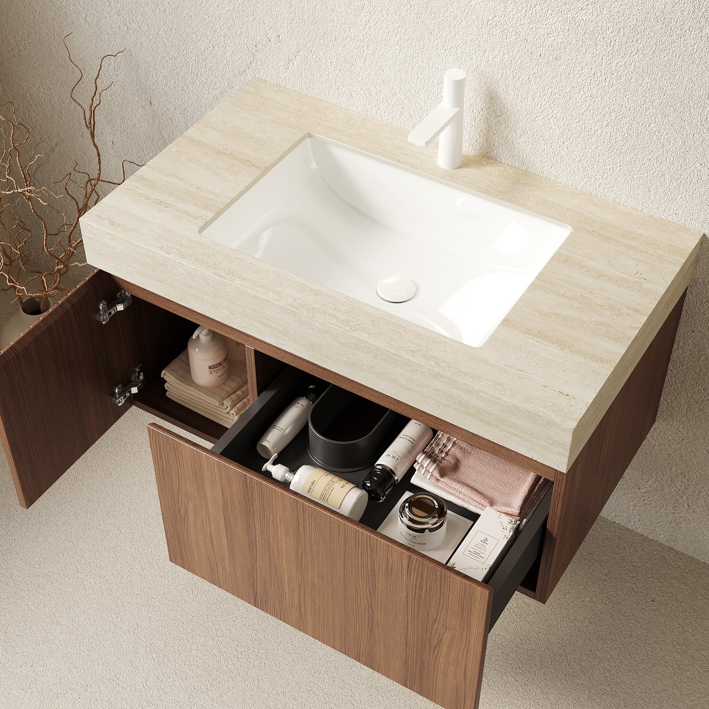 MURI 36 Bathroom Vanity&Sink, Floating Plywood Storage Cabinet With Drawer&Door, Roma Travertine Sintered Stone Top&Ceramic Basin With 1 Pre-drilled Faucet Hole, Pre-assembled, Brown Oak Woodgrain