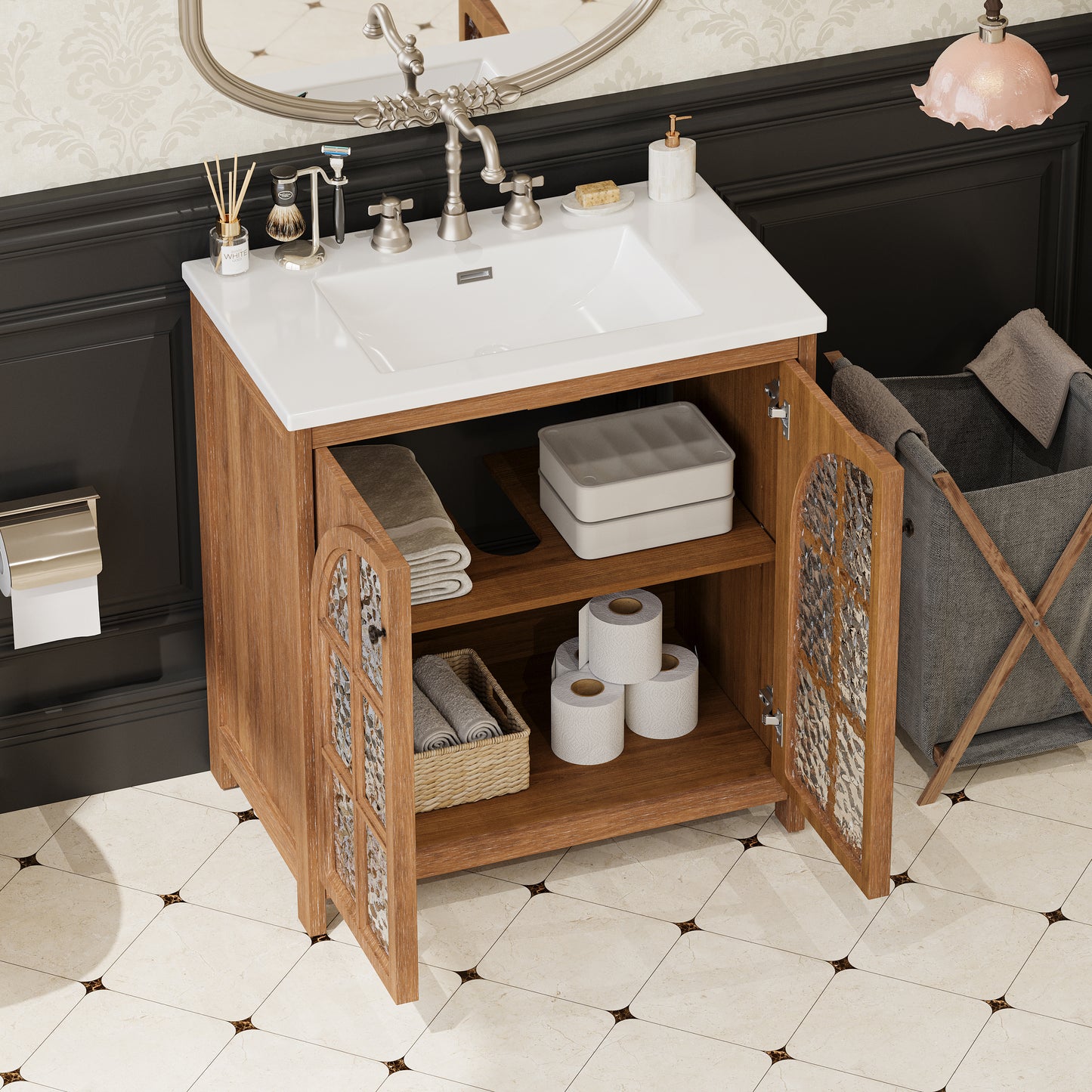 30 Inches Bathroom Vanity With Ceramic Sink, Vintage Rustic Bathroom Cabinet With Bronze Pulls And 2 Soft-Closing Doors, Antique Natural