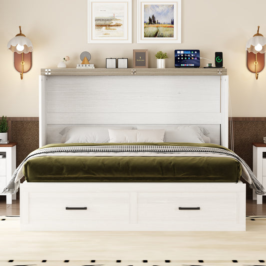 Queen Size Farmhouse Murphy Cabinet Bed With Charging Station, Foldable Platform Bed With Large Storage Drawer For Guest-Room, Small Bedroom, White