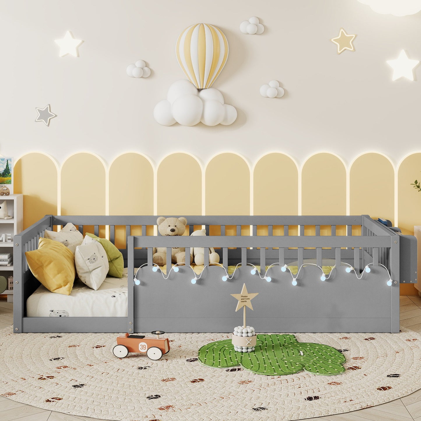 Twin Montessori Floor Bed Frame With High Rails, Wood Kids Floor Beds With Light And Storage Shelf, Gray Expect Arrival Date 2025 8 15