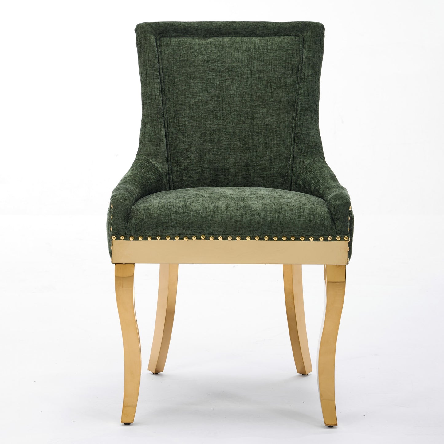 Chenille Dining Chairs, Modern Style With Curved Gold - Plated Legs & Rivet Trim, Upholstered Comfort For Dining Lounge, Accent Seating With Textured Fabric & One - Piece Structure, Green,Set Of 2