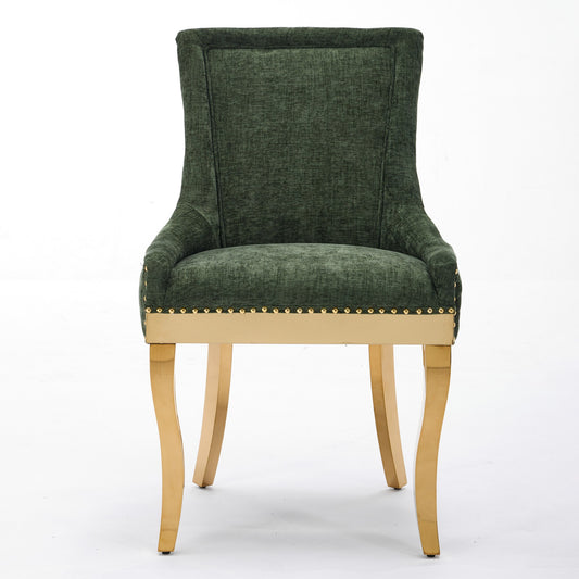Chenille Dining Chairs, Modern Style With Curved Gold - Plated Legs & Rivet Trim, Upholstered Comfort For Dining Lounge, Accent Seating With Textured Fabric & One - Piece Structure, Green,Set Of 2