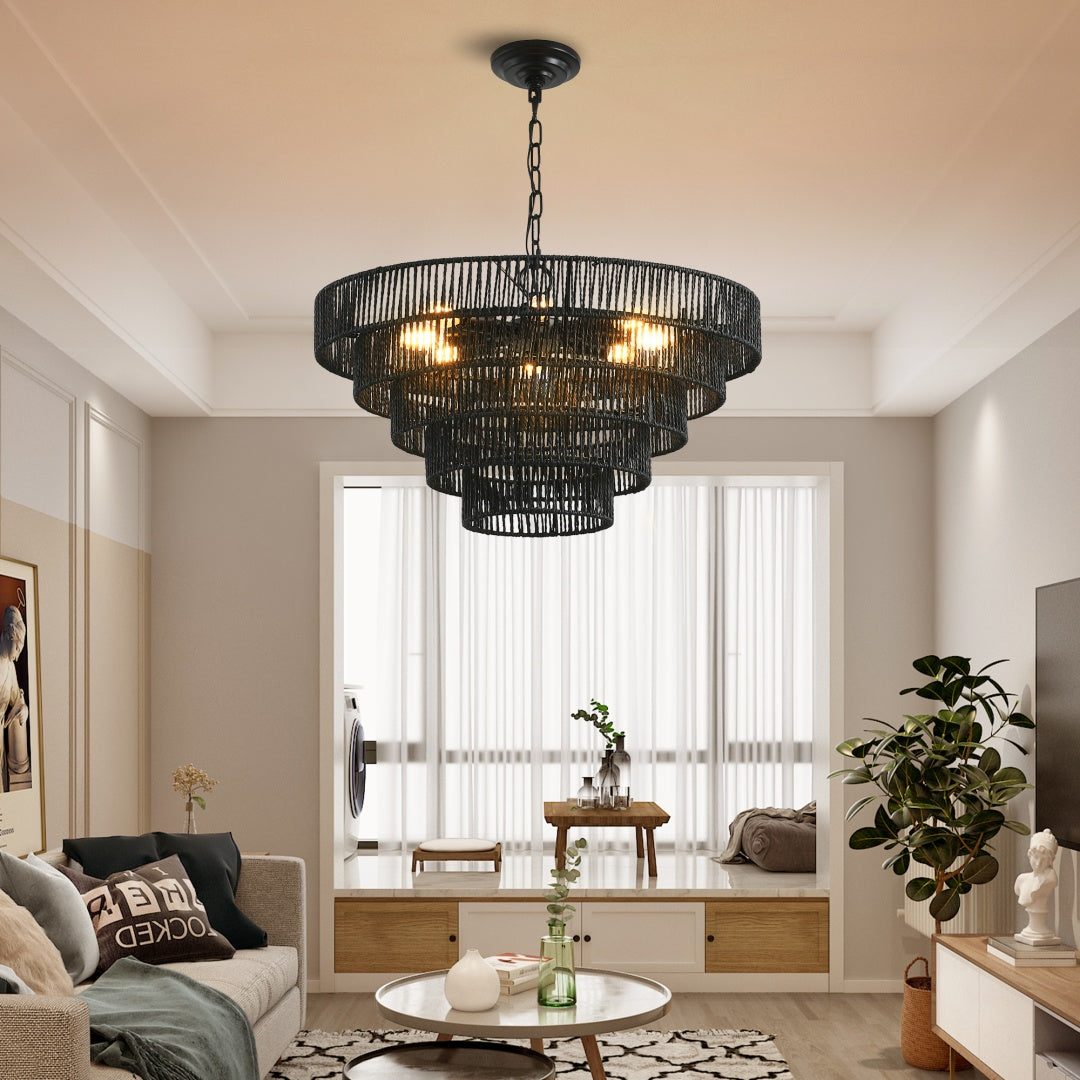 24 Rustic 5-Tier Black Hemp Rope Pendant Light Chandelier With 8 E12 Sockets, Boho Farmhouse Ceiling Fixture For Dining Room, Kitchen, Or Entryway  Bulb Not Included