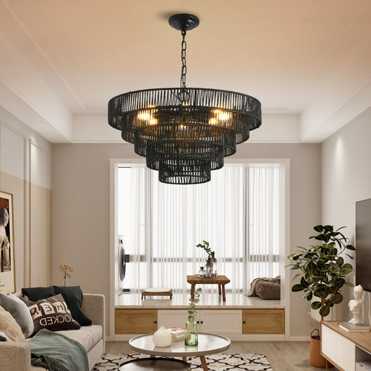 24 Rustic 5-Tier Black Hemp Rope Pendant Light Chandelier With 8 E12 Sockets, Boho Farmhouse Ceiling Fixture For Dining Room, Kitchen, Or Entryway  Bulb Not Included