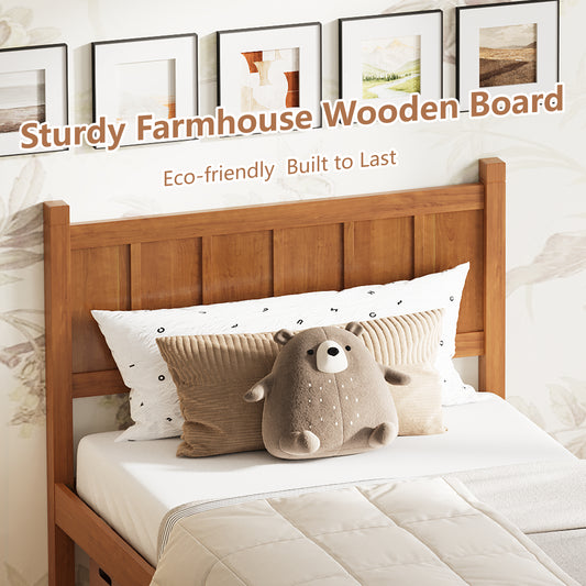 Twin Size Flat Panel Bed With Headboard & Footboard, Minimalist Modern Platform Bed With Wood Grain Finish, Shaker And Farmhouse Style Design, Sleek And Functional Bedroom Furniture,Light Walnut