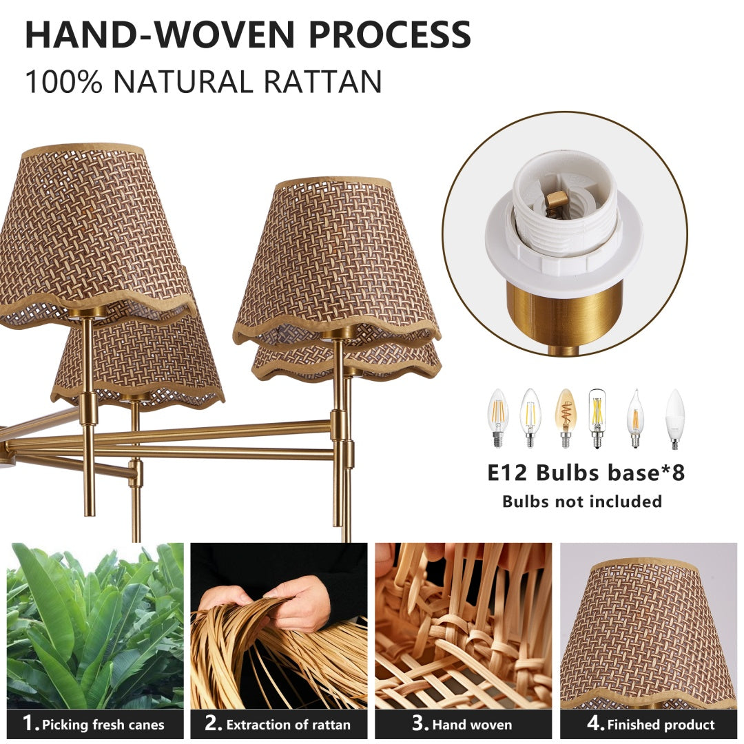 Golden Farmhouse Pendant Light 8-light Bohemian Pendant Light 38.6, Using Large Rural Rattan Pendant Light Fixtures With Adjustable Height Hangers, Suitable For E12 Base Bulb Not Included
