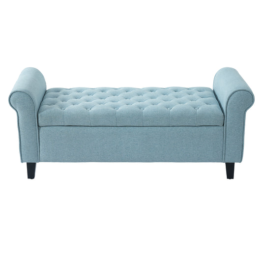 Light Blue Fabric Storage Bench With Rolled Arms, 38  Seat Width,  Black Legs, Button Fabric Design, Living Room Bedroom Entryway Furniture