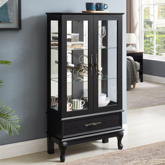 Lighted Curio Cabinet With Glass Doors And Adjustable Shelves 2 Door Wine Cabinet Display Curio Cabinet With LED Lights Light Black Finish And Drawer For Home Decor And Storage