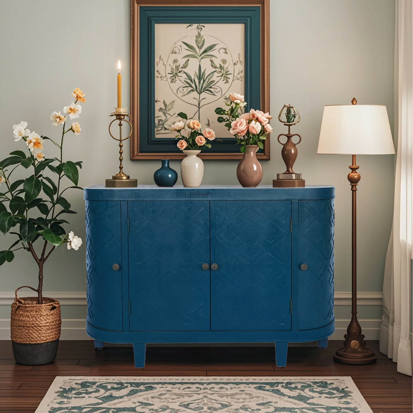 47 Oval Storage Cabinet With 4 Doors,Buffet Sideboard Cabinet With Storage, Fluted Accent Storage Cabinet With Curvy Edge, Sliding Door, Freestanding Credenza, Console Table For Living Room, Kitchen
