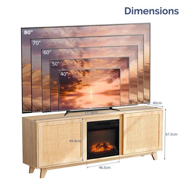 70' Oak Finish Low-Profile Fireplace TV Stand With 2 Doors & Rattan Front For 18' Insert