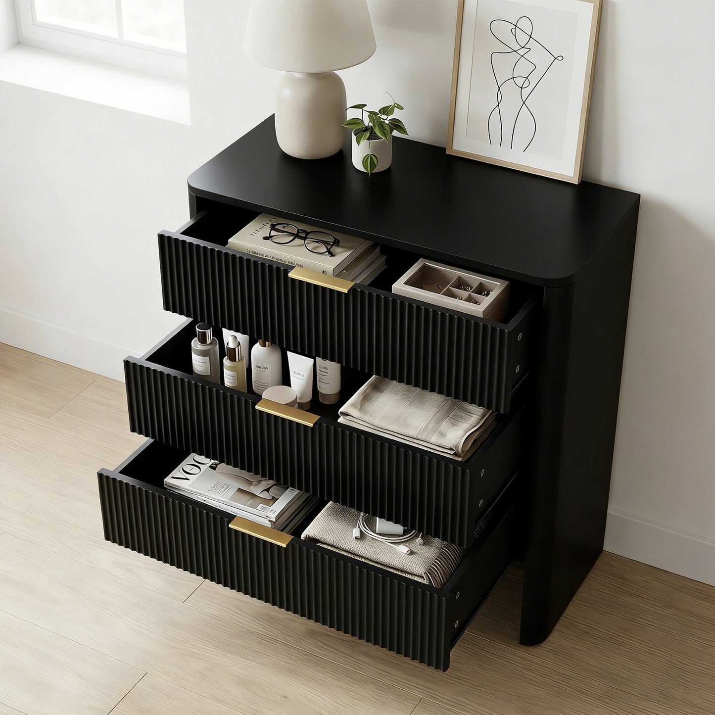 30in Wooden Cabinet With 3 Drawers Wavy Pattern Modern Bedside Cupboard Dressing Table For Bedroom Living Room Hallway Black