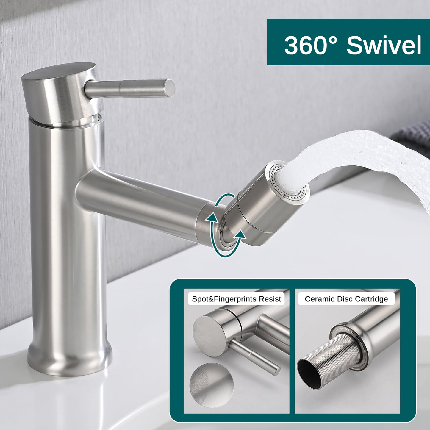 Brushed Nickle Bathroom Faucet For 2 Mode Faucet For Bathroom Sink With 360 Rotating Aerator
