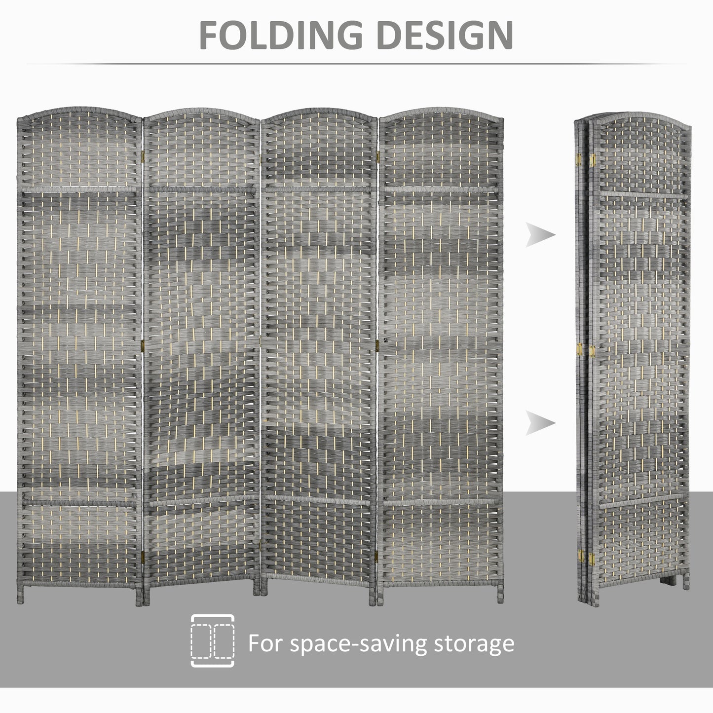 Folding Room Divider Screen 4 Panel 6' Tall Privacy Screen Freestanding Wood Partition For Home Office, Mixed Gray