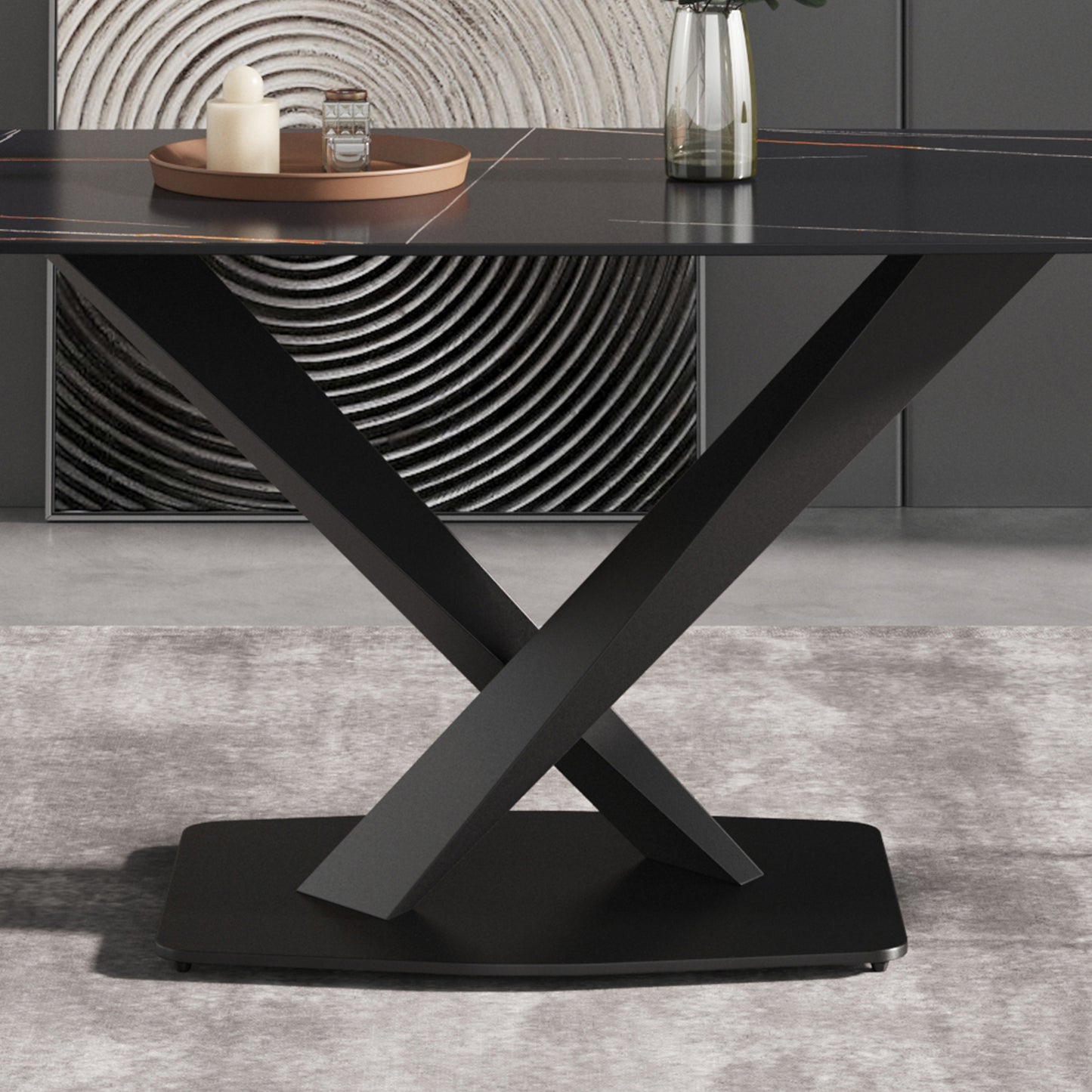63 Modern Artificial Stone Black Curved Black Metal Leg Dining Table -6 People