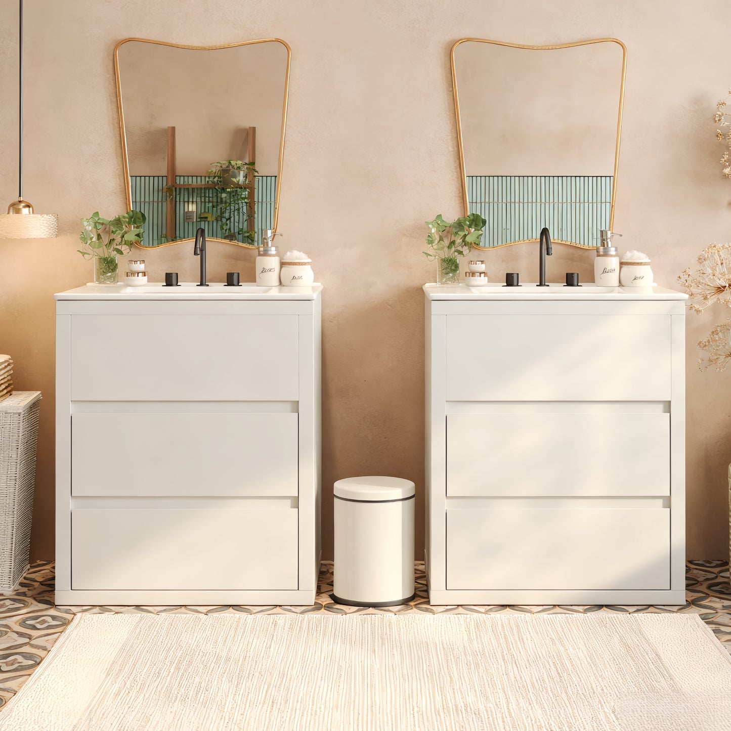 60  Double Sinks Bathroom Vanity Set, Bathroom Cabinet With Two Separate Ceramic Sinks, Full-Extension Drawers & Soft Close Undermount Drawer Slides, White
