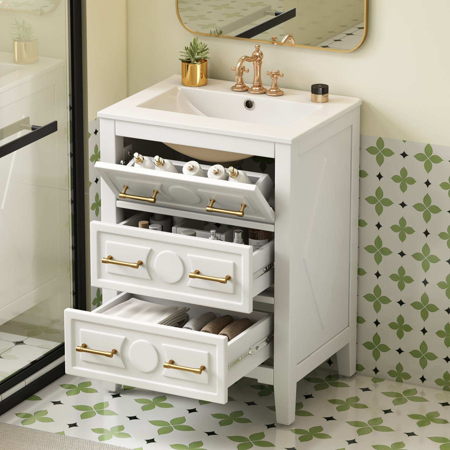 24   Bathroom Vanity With Ceramic Sink Combo, Free Standing Single Vanity Set With 3 Drawers, Solid Wood Frame Bathroom Storage Cabinet, White