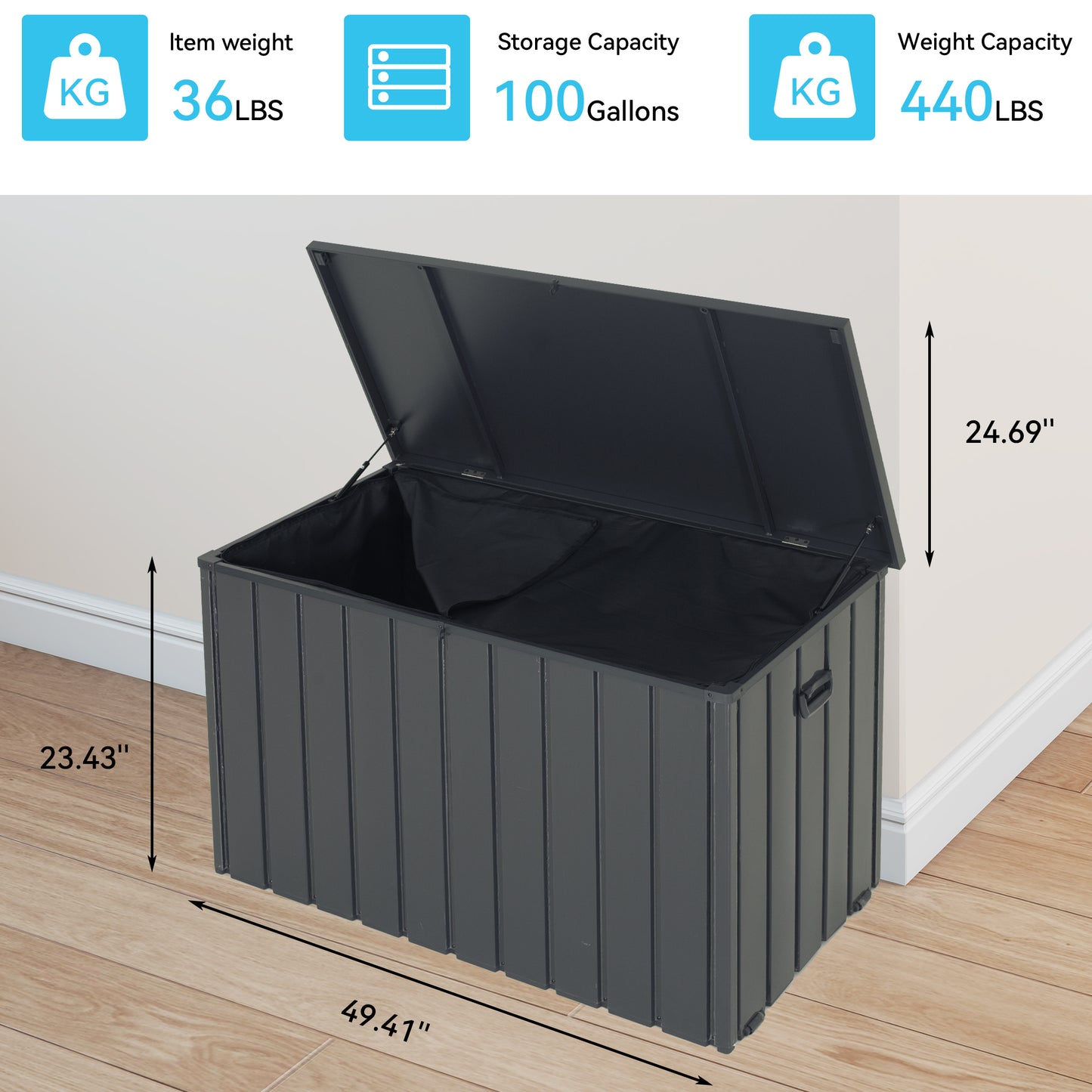 Outdoor Storage Box, 100 Gallon Metal Deck Box Built-in A Oxford Fabric Storage Bag, Lockable & Waterproof Outside Patio Storage Box - Gray