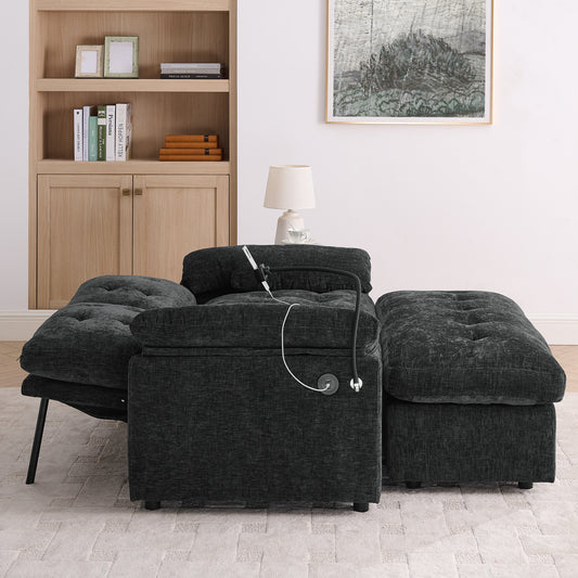 Leisure Sofa Chair,Double Sofa Recliner, With Manually Adjustable Backrest, Soft Padded Armrests, Side USB Charging Port And Phone Stand, Comes With A Matching Storage Ottoman-Black