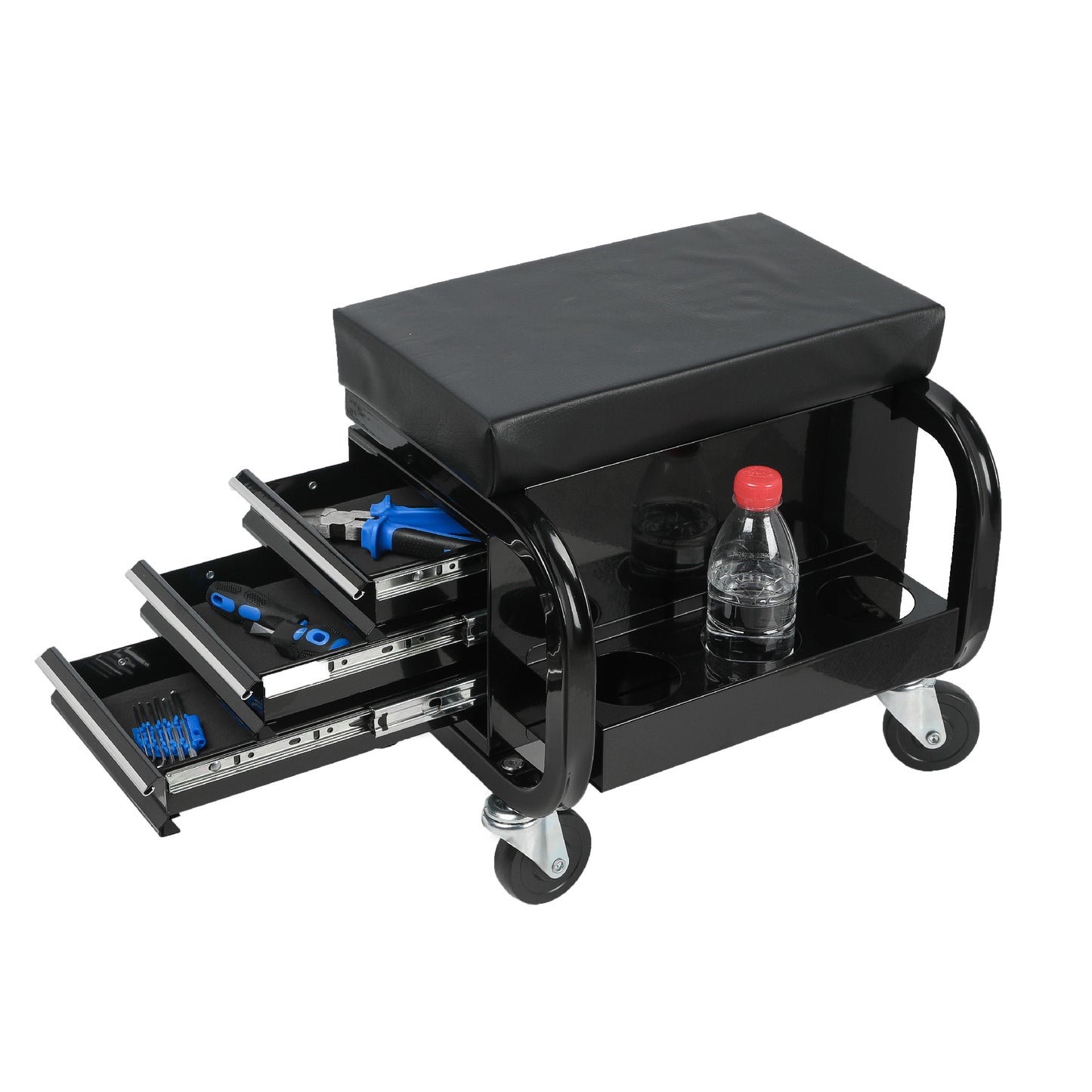 Rolling Creeper Garage Shop Seat With Three Built-in Drawers, Rolling Tool Chest,Black