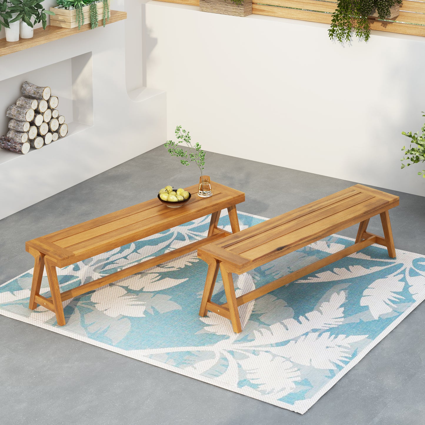 Outdoor Dining Benches  Set Of 2 , Contemporary Acacia Wood Patio Bench With Teak Finish - All-Weather Garden, Deck, Poolside Seating