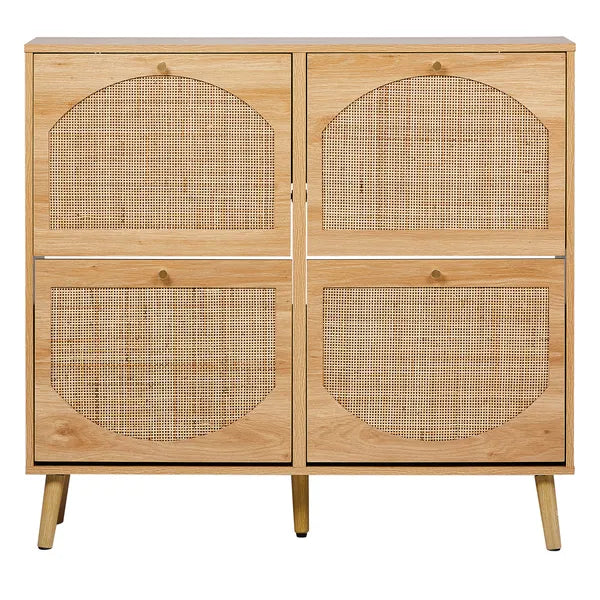 2 Rows Of 4 Dump Buckets With High Feet Arched Rattan Surface Shoe Cabinet Density Board With Triamine 105X24X98cm Original Wood Color