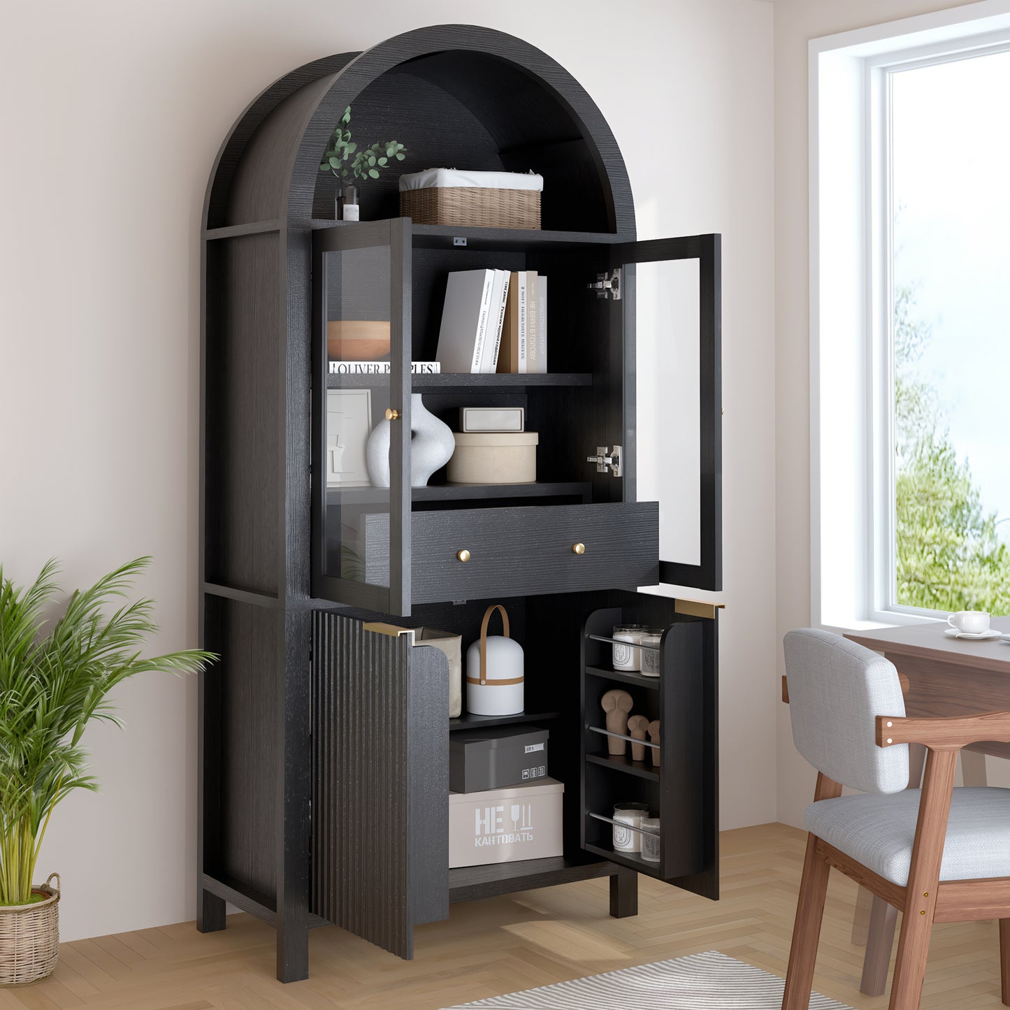 71  Fluted Tall Arched Pantry Cabinet With Adjustable Shelves, Elegant Display Storage With Hidden Drawer & Glass Door For Kitchen, Living Room, Dining Room, Black