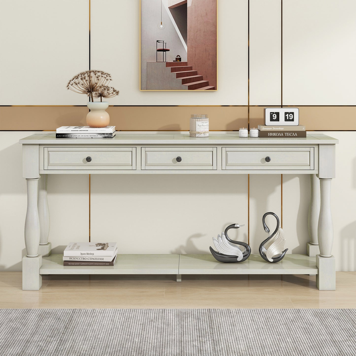 TREXM Console Table 63 Long Console Table With Drawers And Shelf For Entryway  Hallway  Living Room  Antique White