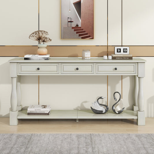 TREXM Console Table 63 Long Console Table With Drawers And Shelf For Entryway  Hallway  Living Room  Antique White