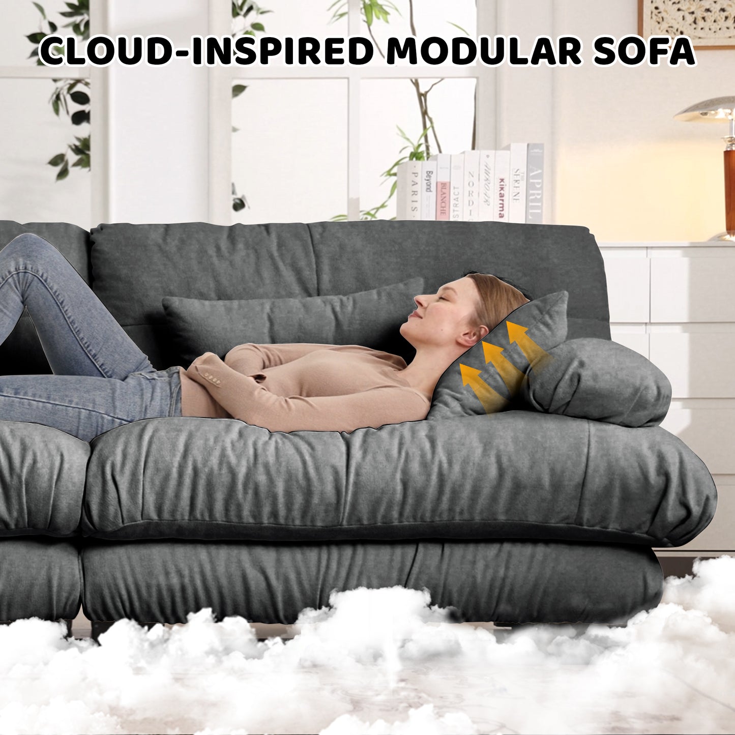 Cloud Couch Sleeper Sofa For Living Room, Chenille 2 Seater Sofa With 2 Lumbar Pillows And 2 Throw Pillows , Upholstered Wide Arm Sofa With 2 Ottomans,Chenille Gray