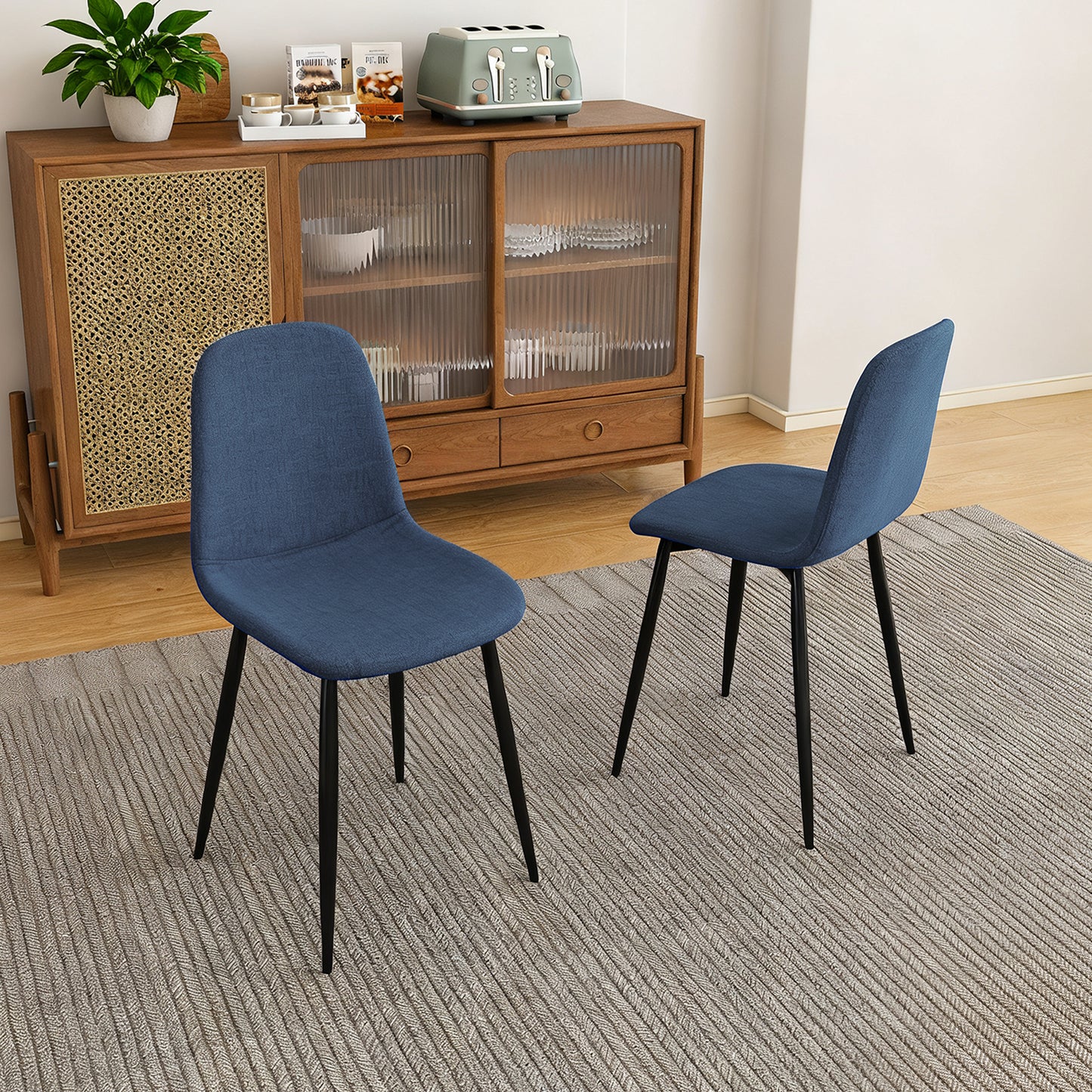 Modern Knit Fabric Dining Chairs With Iron Legs - Restaurant Seating, Comfortable Upholstered Armless Side Chair For Kitchen, Blue Set Of 4