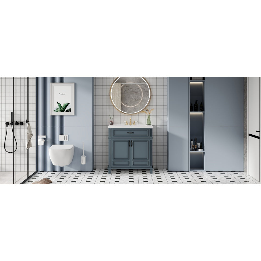 30'' Bathroom Vanity With Ceramic Sink,Solid Wood Frame Bathroom Storage Cabinet With Soft Closing Doors, Retro Style, Blue