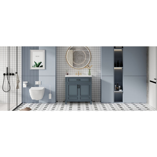 30'' Bathroom Vanity With Ceramic Sink,Solid Wood Frame Bathroom Storage Cabinet With Soft Closing Doors, Retro Style, Blue