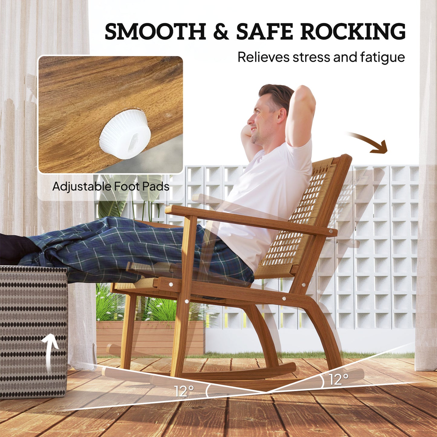 Outdoor Lawn Rocking Chair Set Of 2, Acacia Wood Patio Rocking Chairs With Wicker Back And Seat For Garden, Khaki