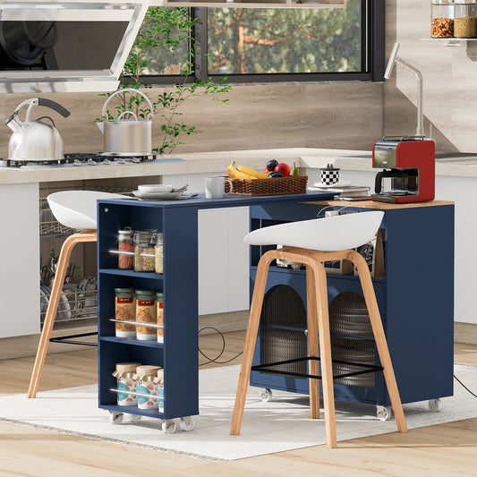 K&K Rolling Kitchen Island With Extended Table, Kitchen Island On Wheels With LED Lights,Power Outlets And 2 Fluted Glass Doors, Kitchen Island With A Storage Compartment And Side 3 Open Shelves, Navy