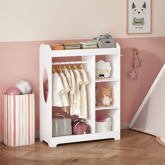 Kids Dress Up Storage With Mirror And Hooks, Wooden Dress Up Clothes Rack With Hanging Rod, 3 Side Hooks, Storage Shelves And Top Shelf, Toddler Costume Organizer For Playroom Bedroom Nursery  White