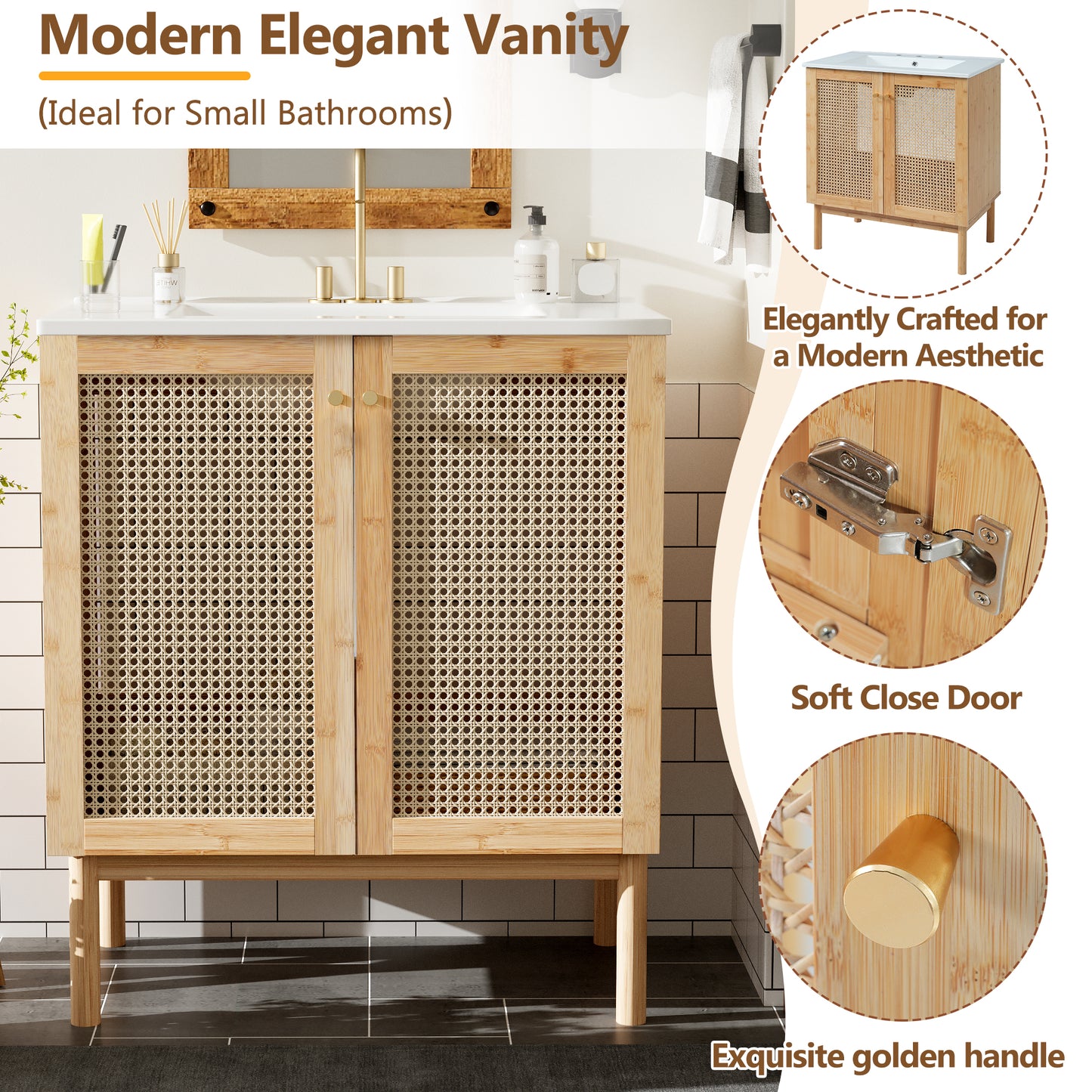 30-inch Bathroom Vanity Crafted From Natural Materials, Featuring Handmade Rattan Doors And Soft-closing Mechanisms