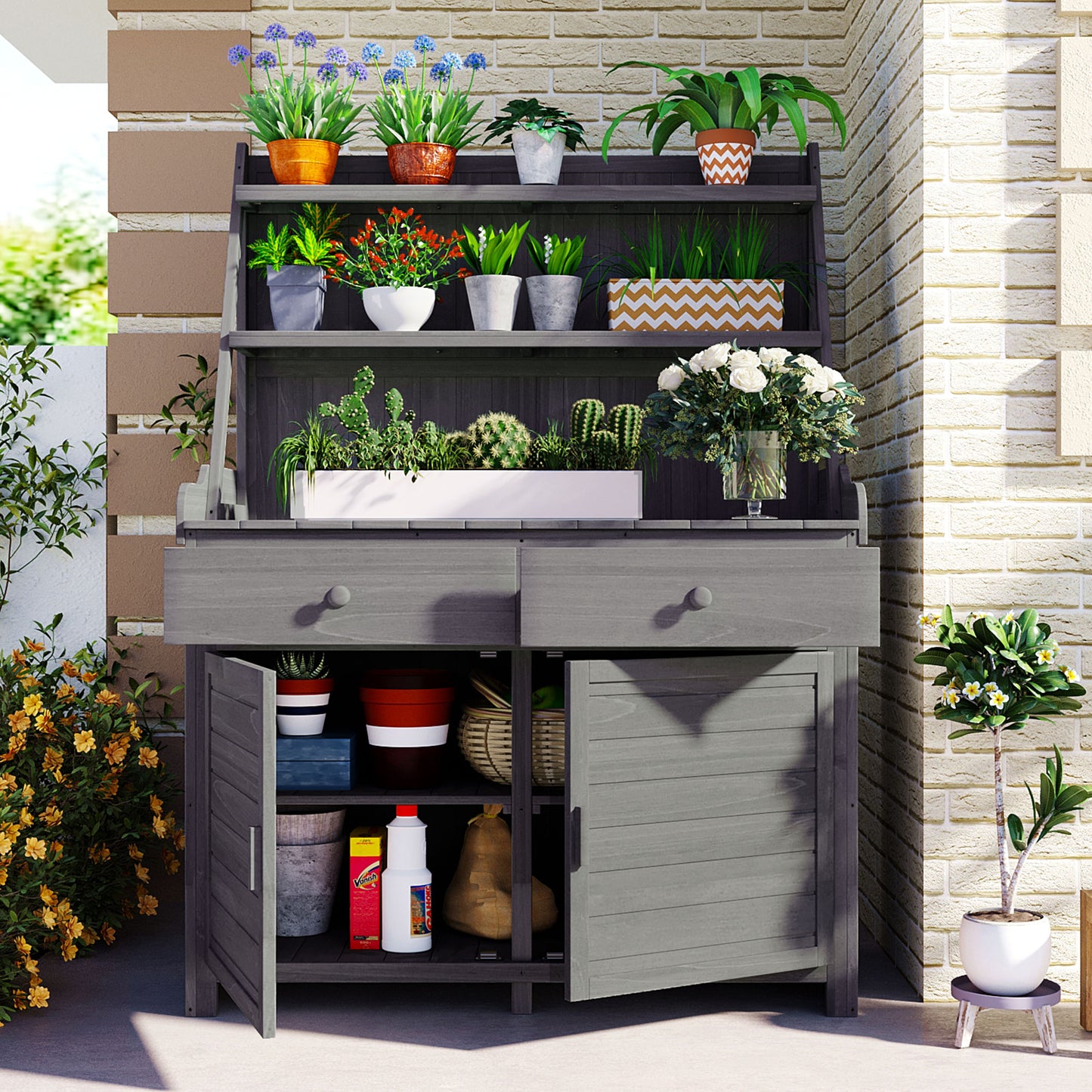 TOPMAx 65inch Garden Potting Bench Table  Fir Wood Workstation With Storage Shelf  Drawer And Cabinet  Gray