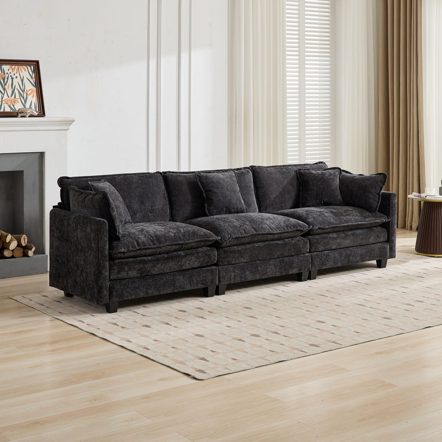 Cloud Sofa 3 Seats Ottoman Is Not Included, Modern Sectional Couch, For Living Room Bedroom And Apartment, Comfy Double Layer Upholstered Seat Cushion, Breathable Chenille Fabric, Black,SW5013BK